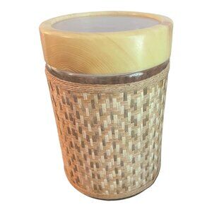 Vtg Glass Canister Rattan Wicker Sleeve Plastic Wood Grain Lid MCM
